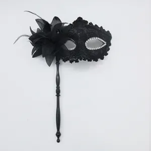 Elegant black lace masquerade mask with feathers and rhinestones for party carnival events.