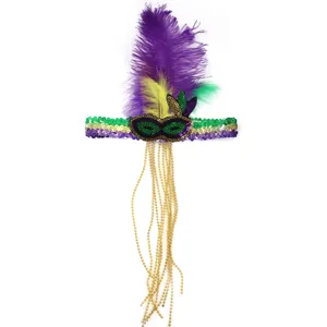 Karneval-Federstirnband mit Pailletten, Maskendetail und goldenen Perlenquasten