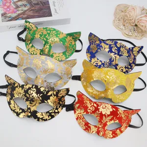 Masque de Chat Vénitien pour Femmes PVC Motif Floral Doré Vintage Loup Masque Halloween Carnaval Fête Accessoires de Costume