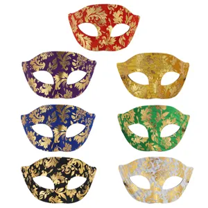 Maschera veneziana mezza faccia in PVC con stampa floreale dorata per feste eleganti.