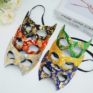 Halloween party masquerade half face bat mask set with gold floral print for women and men.