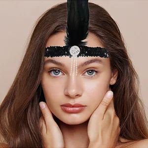 1920s Black Feather Headband Gatsby Sequin Crystal Fringe Headpiece Flapper Hair Accessory