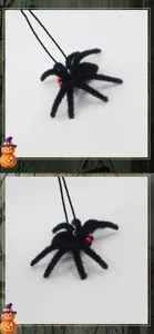 Halloween fuzzy spider hanging decoration with red crystal eyes and string for holiday party.