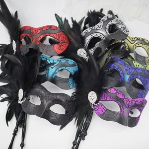 Maschera da carnevale a mano piuma strass mezza faccia festa maschera donna uomo