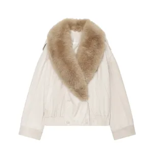 Women faux fur collar suede jacket detail view, chic winter outerwear with soft fleece.