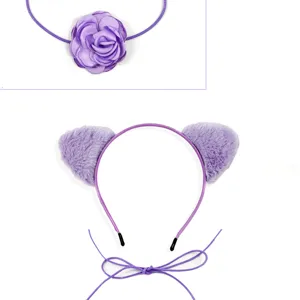 Purple plush cat ear headband and flower accessory detail shot, cute sweet hair styling.