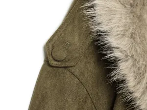 Women faux suede jacket detail, stylish olive green outerwear with fluffy fur collar.