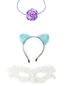 Close-up detail of plush cat ears headband, white lace mask, and purple flower choker set.