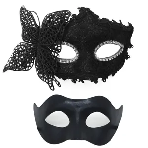 Set maschera veneziana nera in pizzo con strass e farfalla per festa e ballo.