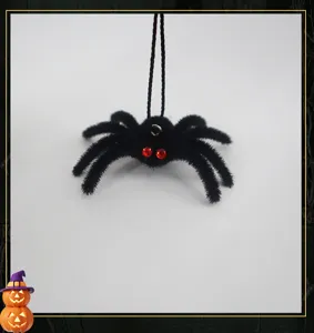 Halloween flocked spider hanging pendant scary props with red crystal eyes and black rope