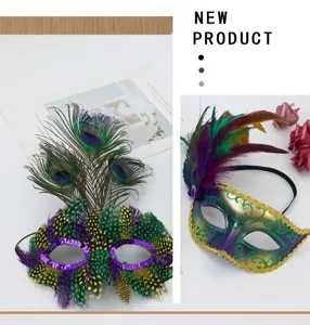 Maschera carnevale piume pavone paillettes metà viso costume travestimento accessori spettacolo.