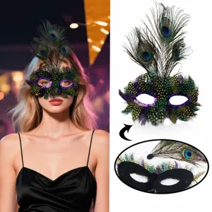Lussuosa Maschera di Carnevale con Piume Strass Paillettes Mezza Faccia Maschera da Ballo in Maschera per Festa di Halloween