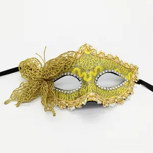 Gold lace side butterfly half-face masquerade mask with sparkling rhinestones for party.