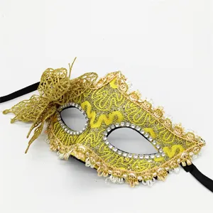 Gold lace masquerade mask with side bow Venetian half face eye mask for party ball
