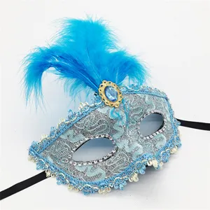 Detalle de la máscara azul con encaje fino, plumas vibrantes y pedrería brillante elegante.