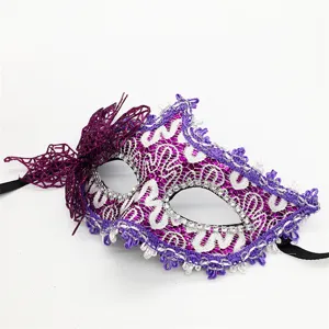 Purple lace masquerade mask with side butterfly and rhinestones for party Halloween.
