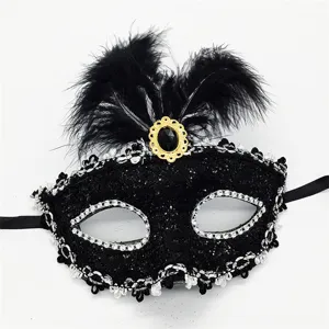 Detalle de la máscara de mascarada negra con plumas negras, pedrería brillante y broche elegante.