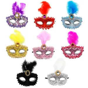 Exquisita Máscara de Tres Plumas para Mujer Plástico Encaje Diamante de Imitación Pintado Máscara de Fiesta Halloween Carnaval Accesorios de Disfraz