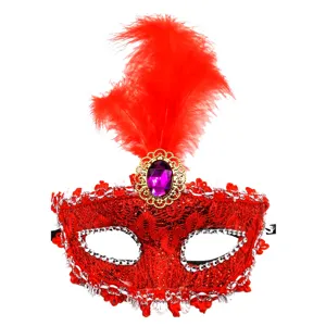 Exquisita máscara de mascarada roja con pluma roja grande y gema violeta para fiestas