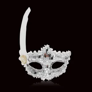 Silver sequin masquerade mask with white feather and flower for party, prom, and holiday events.