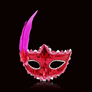 Red masquerade mask with pink feather sequin party eye mask for halloween christmas ball costume