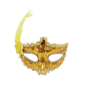 Gold masquerade mask with square sequins, rhinestones, and feather for party costume.