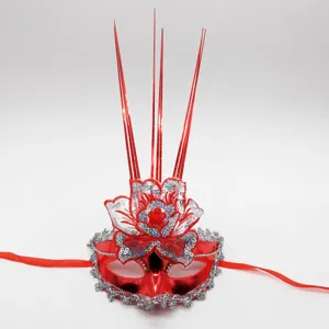 Red masquerade mask with flower decoration and silver lace trim for Halloween party