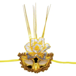 Gold masquerade mask with sequin flower and feather decoration for Halloween party events.
