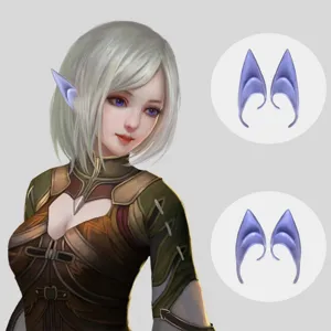 Detailansicht der lila Cosplay Elfenohren Requisiten und Fantasy-Charakter Trageeffekt.