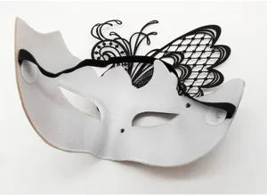 Venezianische Masken Detailansicht, elegantes schwarzes Spitzen Schmetterling Design weiß.