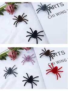 Detailed view of plush spider props, soft flocking texture in assorted colors for Halloween decor.