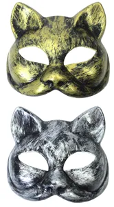 Retro half-face cat mask detail shot, vintage distressed plastic masquerade party prop.
