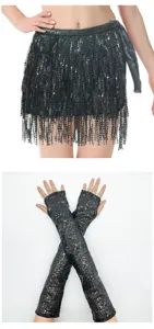 Zwarte pailletten hula rok en lange vingerloze handschoenen set voor feestdansshow.