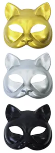Close-up detail of half face cat masks in gold, silver, and black for Halloween party props.