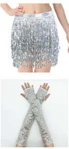 Zilveren pailletten franjes rok en lange vingerloze handschoenen set voor feestje.