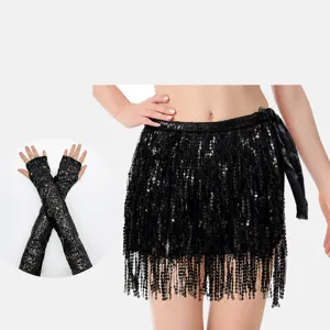 Vrouwen Pailletten Franje Dansrok Vingerloze Mouwen Set Glimmende Kwast Buikdans Kostuum Hawaïaans Feest Podiumkleding