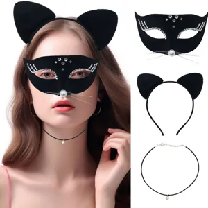 Maschera da Gatto per Halloween Con Nappine Strass Fioccata Cerchietto Collare a Campanello Guanti Lunghi Mascherata Cosplay