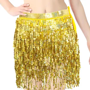 Gele pailletten buikdans heupsjaal franjes rok voor feest optreden glinsterende danskleiding.