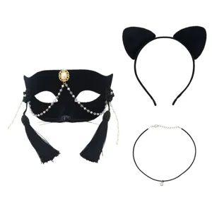 Halloween black cat mask set with cat ear headband and choker for cosplay party props.
