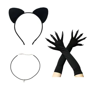 Set costume da gatto di Halloween con cerchietto orecchie, collana e guanti con artigli.