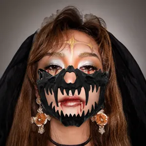 Detailed shot of scary Halloween fang mask, cosplay horror teeth accessory for party events.