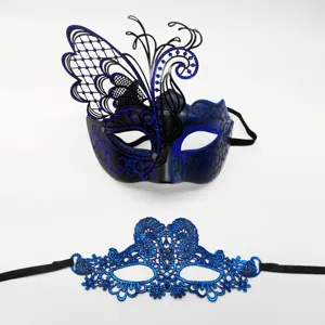 Elegantes Set aus blauen Schmetterlings-Metall- und Spitzenmasken für Karneval und Partys.