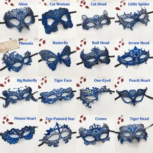 Sexy blaue Spitzen-Maskerade-Maske für Halloween-Party, stilvolles Ausschnitt-Design mit Bändern.