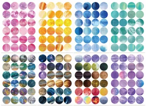 Detail view of 8 sheets Monet garden round dot stickers, great for DIY journals and cases.