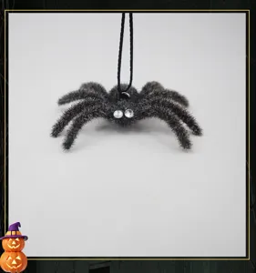 Halloween fuzzy black spider hanging ornament with rhinestone eyes for holiday decor