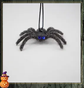 Flocked Halloween spider hanging ornament with sparkling blue crystal eyes for spooky decor.