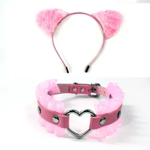 Cute pink cat ear headband and heart leather choker set for sweet cosplay and daily fashion.
