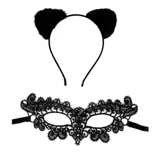 Black plush cat ear headband and lace eye mask set, cute hair hoop for party cosplay.