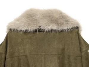 Close-up detail of the fluffy faux fur collar and olive green suede texture jacket back.