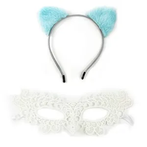 Japanese cute plush cat ear headband and white lace mask set for cosplay parties and daily wear.